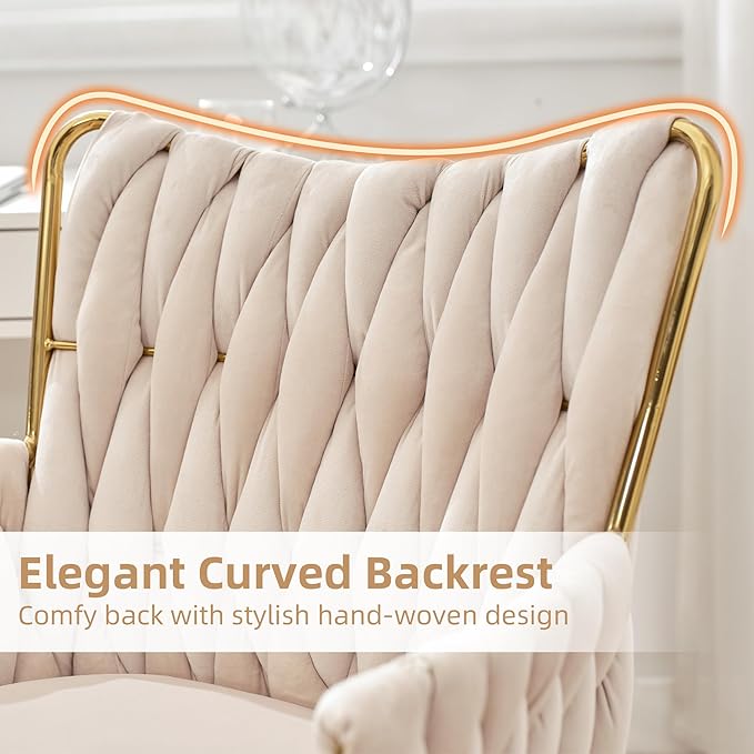 ABET Velvet Desk Chair with Wheels, Cute Upholstered Swivel Office Chair, Modern Gold Rolling Hand Woven Height Adjustable Armchair for Women Girls Home Makeup, Vanity, Nail Salon, Beige