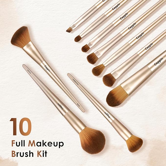 Professional Makeup Brushes 10Pcs, Premium Synthetic Make Up Brush Set, Powder Foundation Contour Blush Concealer Eye Shadow Blending Liner Makeup Brush Kit (Golden)