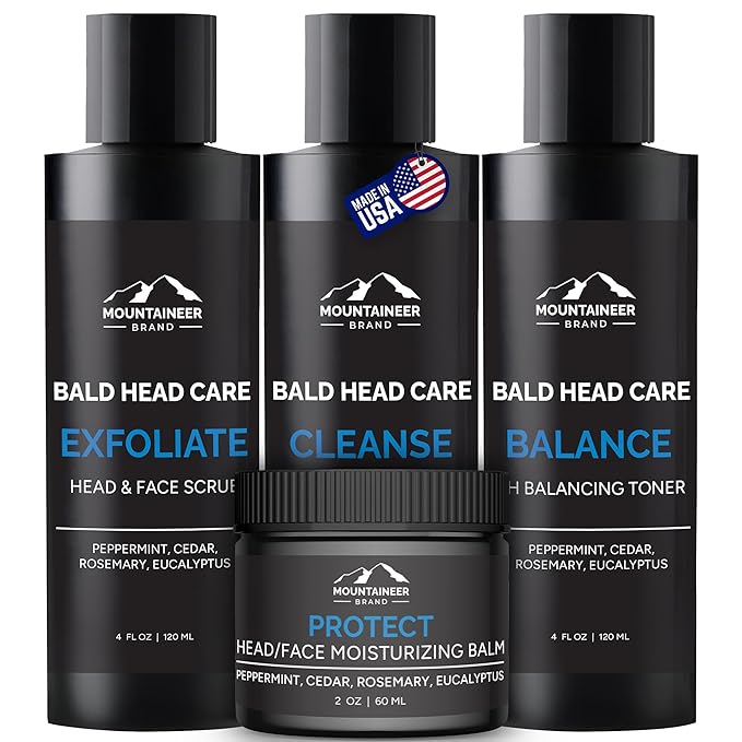 Mountaineer Brand Bald Head Care Gifts For Bald Men | All Natural 4 Step Daily Skin Care for Healthy Scalp & Face | Exfoliate Scrub | Cleanse Wash | Shine Away PH Balance | Protect Moisturizing Balm