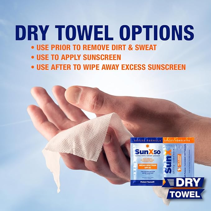 CoreTex Sun X 50 Broad Spectrum Sunscreen Packets & Dry Towels Duo Kit - Pack of 25 Paraben, Oxybenzone, Octinoxate, & Oil Free Sunscreen - No White Cast and Water Resistant Up to 80 Minutes