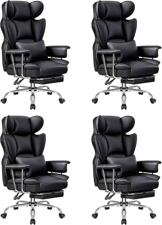Big and Tall Ergonomic Office Chair with Footrest, High Back Executive Leather Office Chair, Reclining Computer Desk Chair, Comfy Heavy Duty Home Gaming Chair with Padded Arm, Black-4 Pack