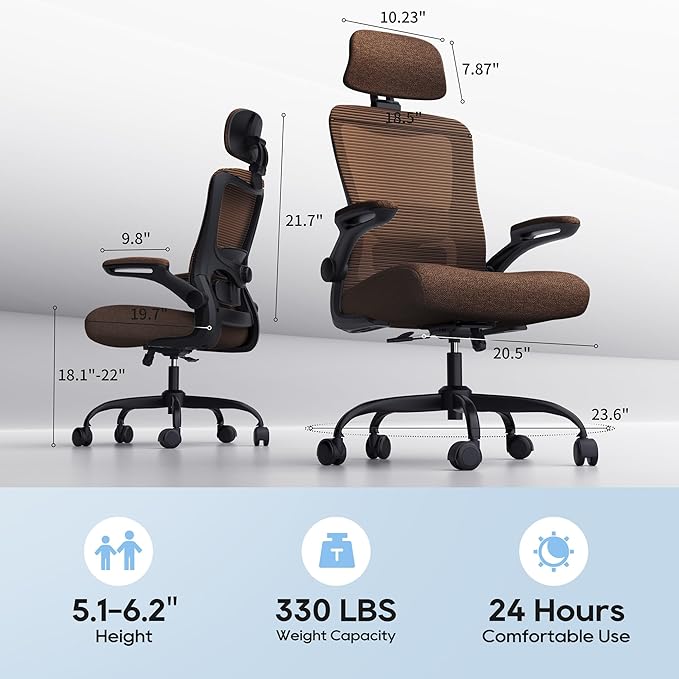 Ergonomic Office Chair, High Back Mesh Desk Chair with Adjustable Lumbar Support & Headrest, Flip-up Armrest, Computer Task Chairs for Home and Executive Office (B-Brown)