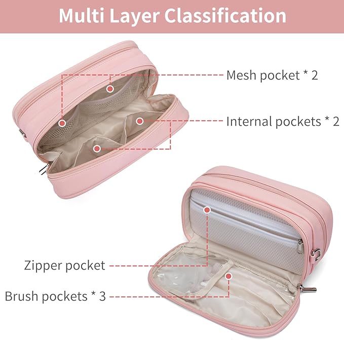 Makeup Bag for Women, Wide-open Makeup Organizer with Makeup Brush Holder, Waterproof Cosmetic Bag with Compartment, Portable Travel-Size Toiletry Bag for Traveling, Large Make Up Bag (Pink)