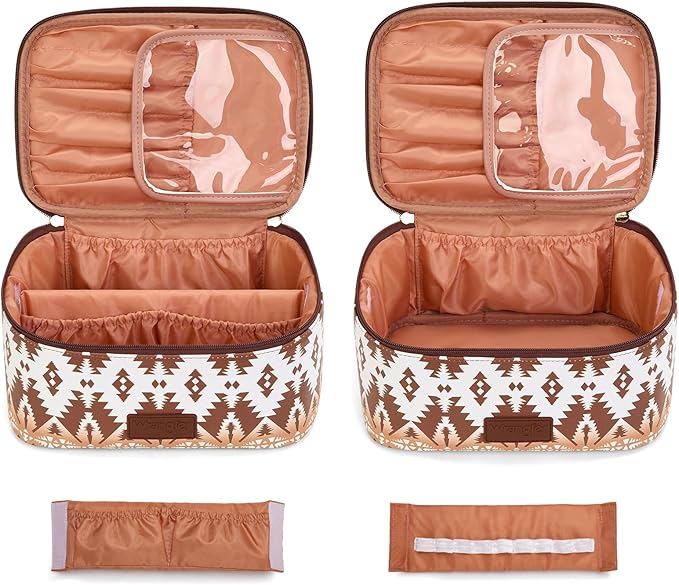 Montana West X Wrangler Travel Makeup Bag 2pcs Set Large Cosmetic Bag with Makeup Brush Holder Portable Make Up Organizer Cute Toiletry Bag with Divider and Handle for Women Aztec
