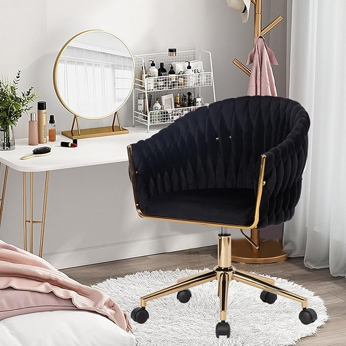 Velvet Office Chair with Hand Woven, Black Vanity Chairs with Golden Wheels, 360° Swivel Home Office Desk Chair Computer Chairs, Accent Chair Makeup Chair for Bedroom, Living Room(Black)
