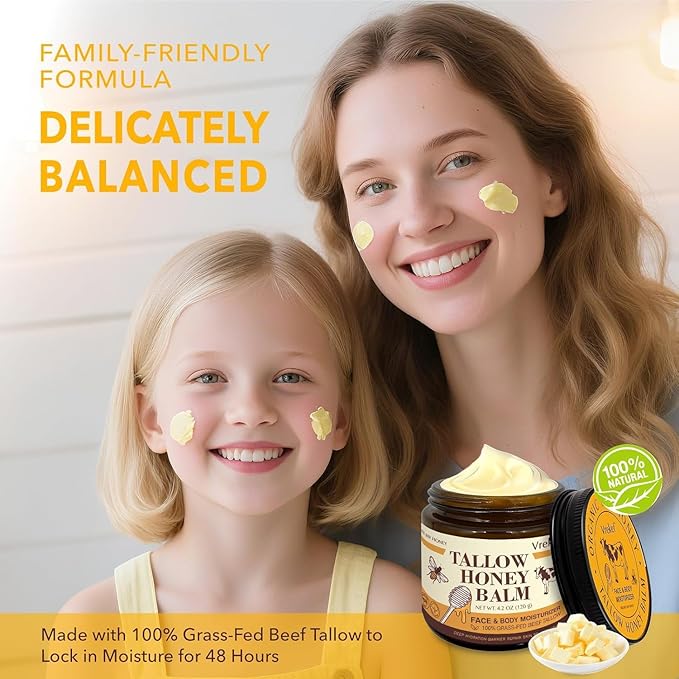 Beef Tallow for Skin (4.2 oz)– Tallow and Honey Balm for Face & Body – Grass-Fed Tallow with Beeswax, Sea Buckthorn Oil, Shea Butter, Vitamin E – Natural Moisturizer