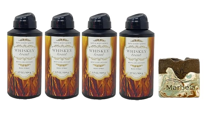 Bath & Body Works Men's Collection Whiskey Toast -4 Pack of Body Spray Bundle with a Cabin Spice Bar Soap