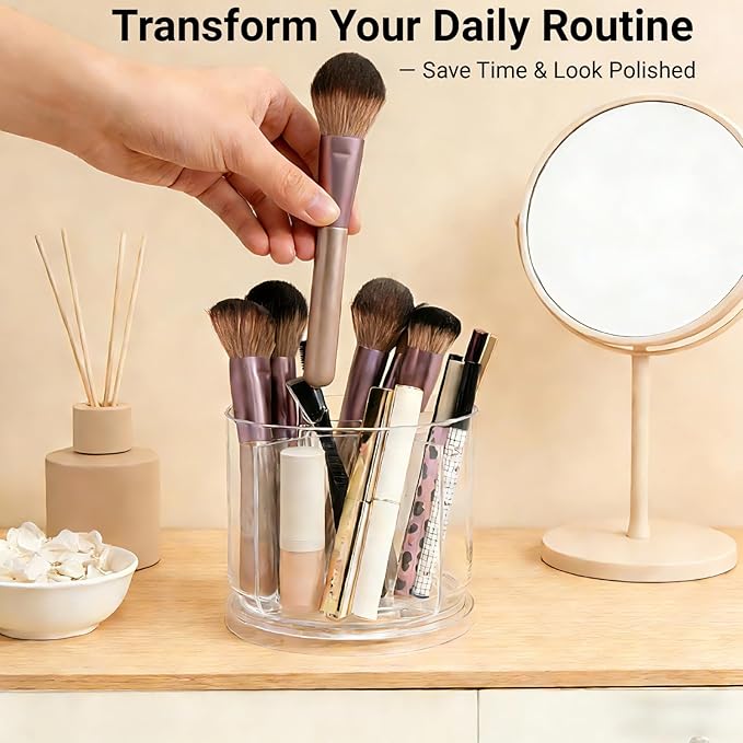 Makeup Brush Holder 360 Rotating Makeup Brushes Organizer for Vanity, 5 Slots Makeup Organizers & Storage, Multi-Functional Pencil Pen Holder for Desk, Cosmetic Storage Container Cup (Clear)