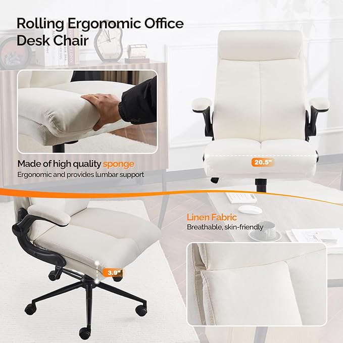 VINGLI Rolling Ergonomic Office Desk Chair with Padded Flip-up Arms, 360° Swivel High Back Executive Computer Task Chair with Wheels for Game，Home Small Space, Study Room, Reading Room, Linen White
