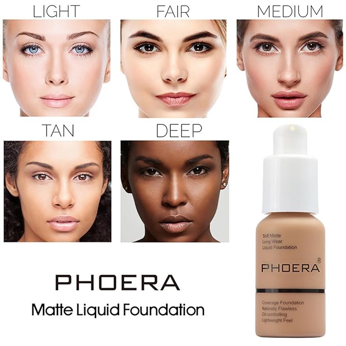 PHOERA Foundation Makeup for Wome Full Coverage Foundation Set,Face Primer Foundation Brush Powder Brush,5 Makeup Sponge,30ml PHOERA 24HR Matte Oil Control Concealer (101 Porcelain + 102 Nude)