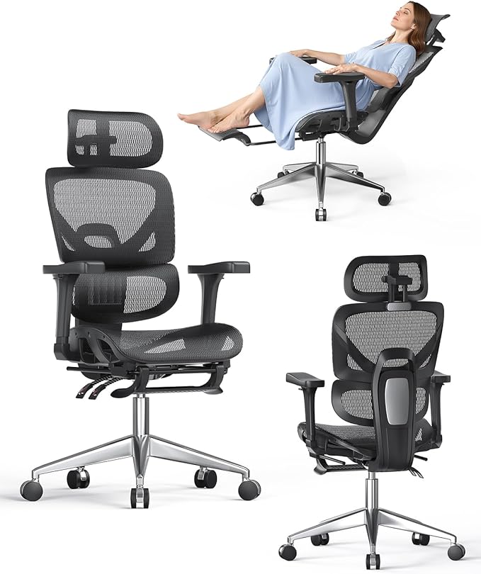 naspaluro Ergonomic Office Chair, High Back Mesh Desk Chair, 350lbs Capacity, Lumbar Support, 3D Armrest Headrest, Footrest, PU Wheels, Swivel Computer Chair for Home Office, Work & Gaming