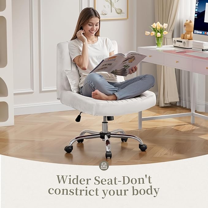 Warmiehomy Velvet Office Chair, Luxury Criss Cross Chair with Wheels, Comfy Cross Legged Desk Chair for Home Office, Stylish Vanity Chair, Wide Seat Computer Chair, Best Gift for Girls, White