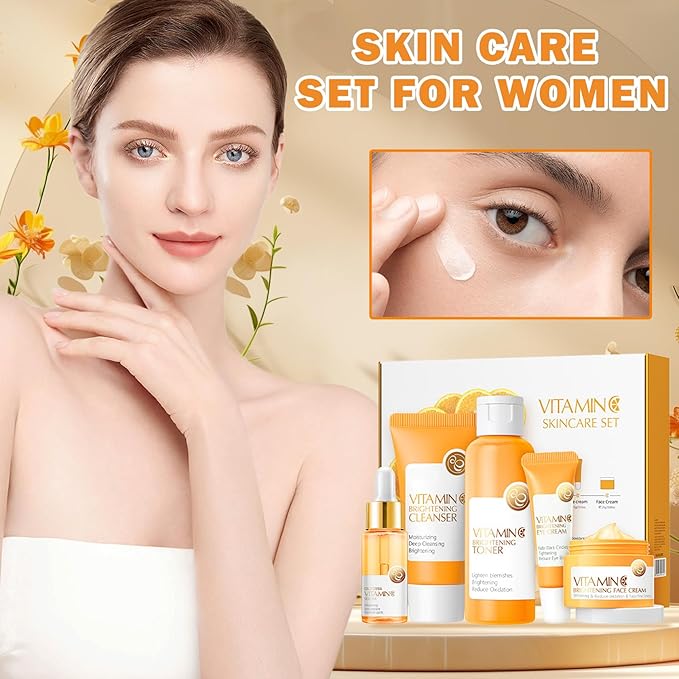 Vitamin C Skincare Set for Teenage Girls 5 In 1 Hydration Facial Skincare Gift Set with Cleanser,Toner,Face Serum,Eye Cream,Face Cream,Travel Size Skin Care Products Set for Women