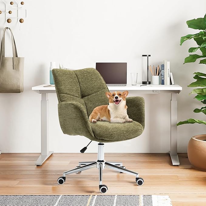 Home Office Desk Chair Swivel Ergonomic Computer Chair with Rolling Wheels, Adjustable Height Accent Armchair Upholstered Chenille for Living Room, Home Office, Study, Make Up, Green
