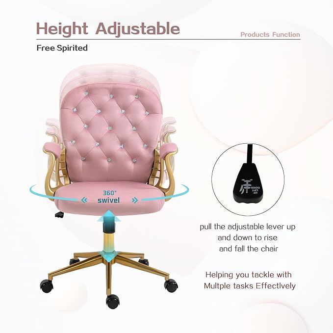 Velvet Home Office Desk Chair Comfy with Gold Legs and Arms, Comfortable Makeup Vanity Chair with Back and Wheels, Button Tufted Armchair Swivel Rolling Study Chair for Girls Women,Pink