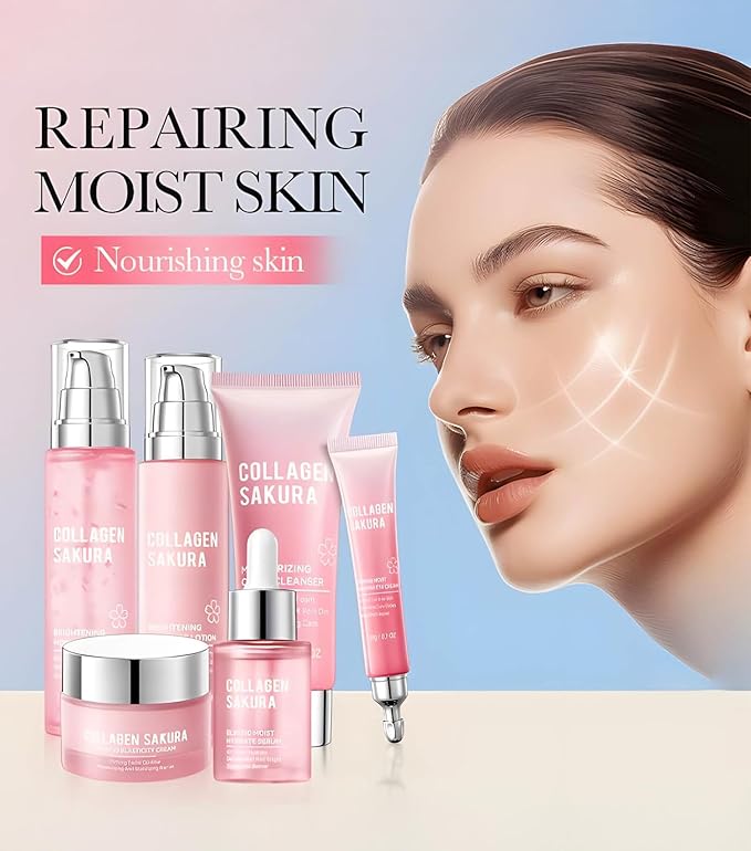 Cherry Blossom Skincare Gift Set with Cleanser, Collagen Sakura Moisturizing Revitalizing Six Piece Set, Toner, Lotion, Serum, Cream & Eye Cream for Teens Girls & Women