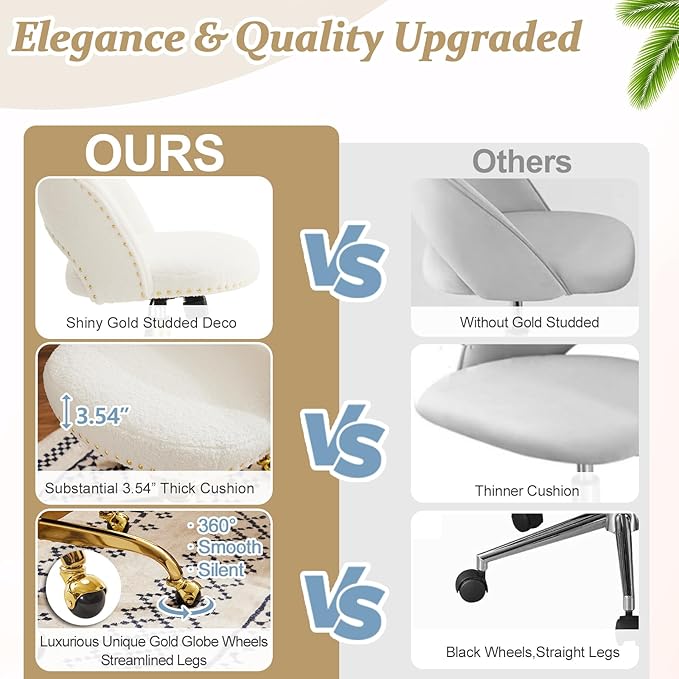 VINGLI Modern Teddy Fluffy Small Office Chair,Cute Desk Chair with Wheels,Gold Base/Studs, Comfy Armless Swivel Vanity Task Chair for Women/Girl/Kids, Nail Tech Chair for Bedroom,Small Space,White