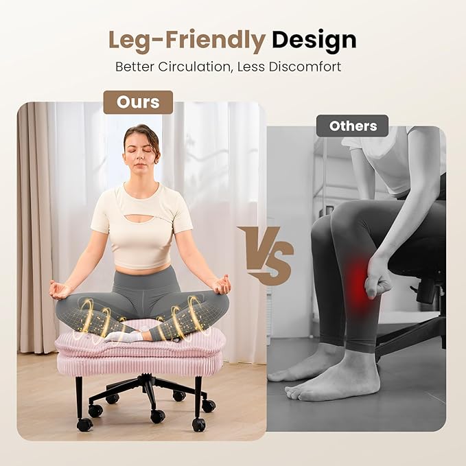 Extra-Wide & Tall Cross-Legged Office Chair – Deeply-Padded Cloud Seat, Ergonomic Back Support, Adjustable Height for ADHD & Meditation,Pink