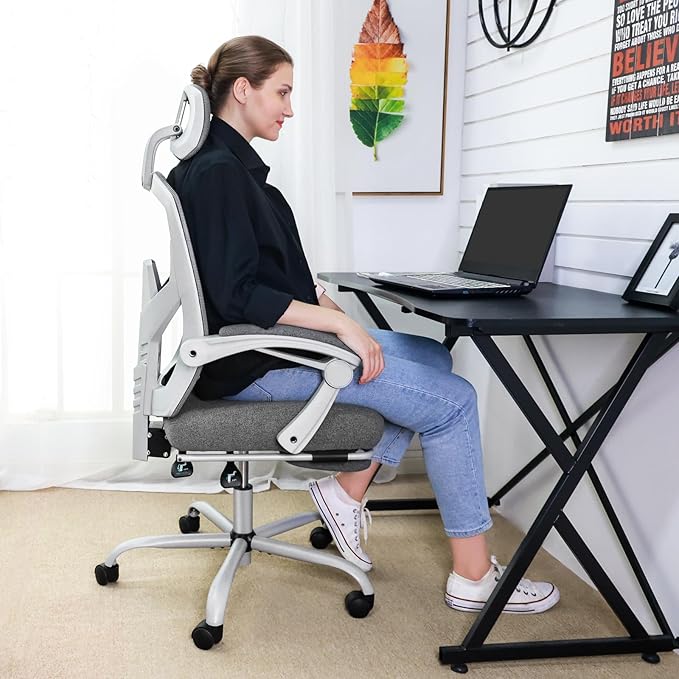 Sweetcrispy Office Computer Desk Chair with Footrest,Ergonomic High-Back Mesh Rolling Work Swivel Chairs with Wheels,Comfortable Lumbar Support,Comfy Arms for Home,Bedroom,Study,Student,Light Grey