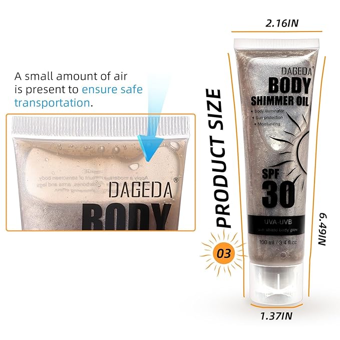 DAGEDA Body Glow Oil, SPF 30 Broad Spectrum Glitter Sunscreen, Lightweight, Non-sticky Sunscreen Body Shimmer, Sun Protection with Centella Asiatica Extract, UVA/UVB Protection, Bronze 3.4 fl.oz