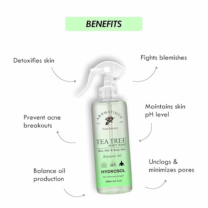 Aromatique Natural Tea Tree Water Toner/Mist Spray/Hydrosol -Hydrating, Refreshing Skin & Hair Care Solution - Ph Balancing, Acne-Fighting, Daily Use Formula 200ml