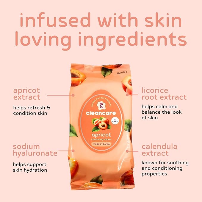 PB & JAY Cleancare Cleansing Wipes – 30 Count – Makeup Remover for Soft, Radiant Skin – Hydrating Korean Face Wipes for Sensitive Skin (Apricot)