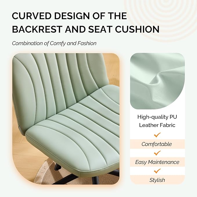 VINGLI Criss Cross Legged Chair,Wide Comfy Office Desk Chair,Dual-Use with/no Wheels Computer Task Chair,Swivel Armless Vanity Rolling Chair for Study,Make Up,Home Office,Cat Scratch PU,Mint Green
