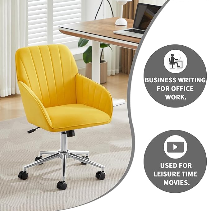 YITAI Velvet Office Desk Chair with Silver Foot Base, with Wheels,Modern Height Adjustable 360 Degree Swivel Upholstered Vanity Chairs with Arms for Living Room Bedroom,Yellow