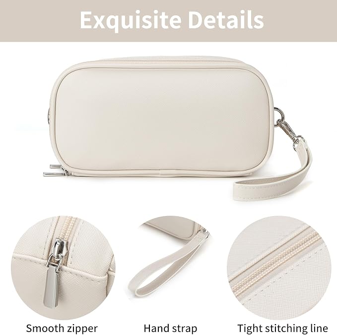 Makeup Bag for Women, Wide-open Makeup Organizer with Makeup Brush Holder, Waterproof Cosmetic Bag with Compartment, Portable Travel-Size Toiletry Bag for Traveling, Large Make Up Bag (White)