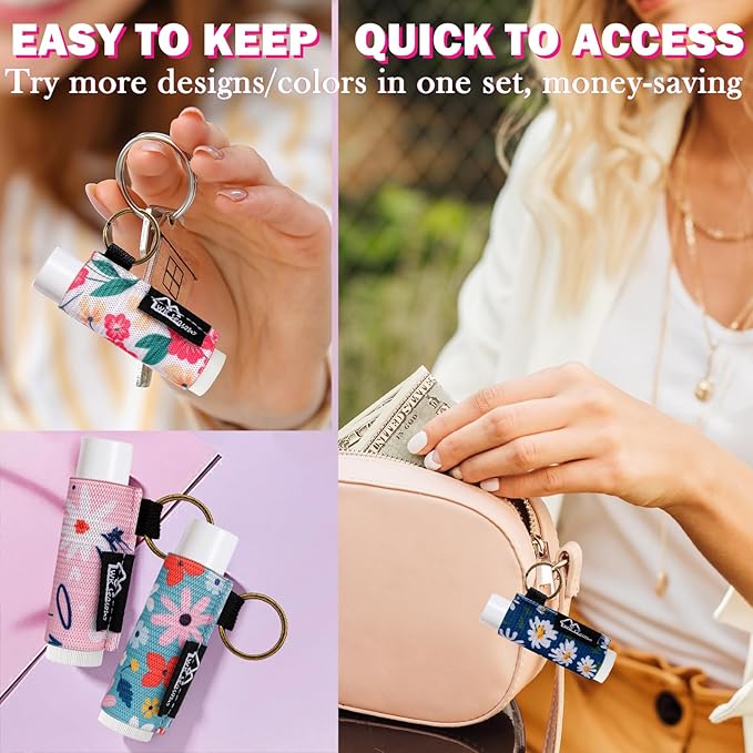 WK IEASON 8PCS Lip Balm Holder Keychain Bulk Holder made for Chapstick Holder Key chain Lip Gloss Sleeve Holder -Elastic Holder Sleeve for Fat and Slim Lip Balms&Gloss and Lip Sticker(8pcs Floral C)
