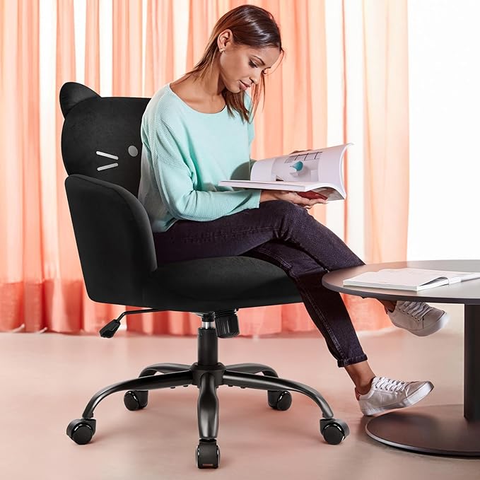 IWMH Home Office Chair Wide Seat Desk Chair Cute Velvet Swivel Vanity Chairs Cat Themed Computer Task Chairs with Wheels Upholstered Modern Accent Armchair for Living Room Bedroom Study Makeup Black