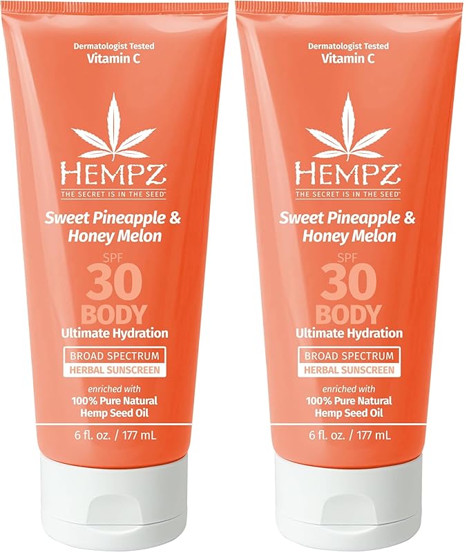 Hempz Daily Body Sunscreen SPF 30, Sweet Pineapple and Honeymelon, Reef Safe, Vegan, Dermatologist Tested, 6 oz (Pack of 2)
