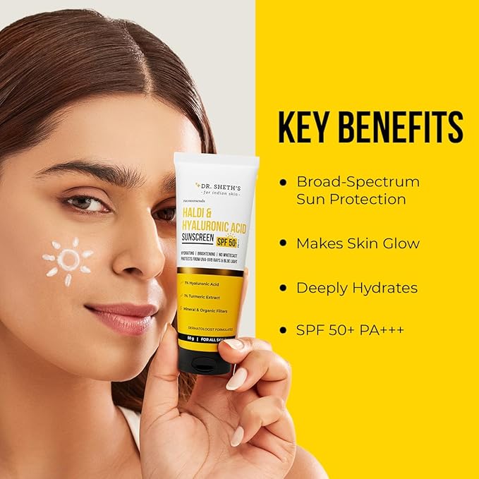 Dr. Sheth's Haldi & Hyaluronic Acid Sunscreen with 1% Hyaluronic Acid Spf 50+ Pa+++ Protects Against UVA/B & Blue Light Hydrating & Brightening For Men & Women For All Skin Type 50 g