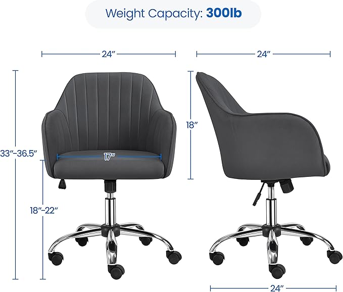 Yaheetech Modern Office Desk Chair Vanity Chair Comfy Upholstered Swivel Rolling Computer Armchair for Makeup Room Living Room Bedroom Dark Gray