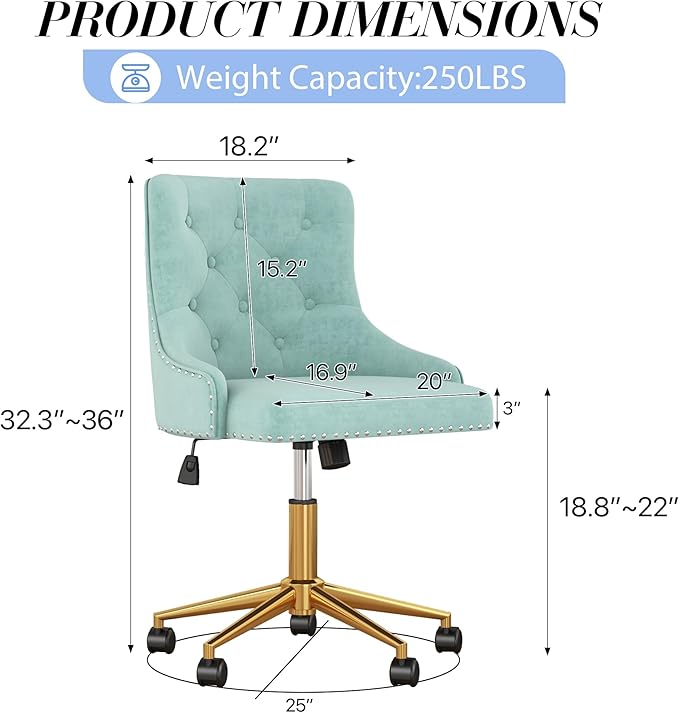 Velvet Armless Home Office Desk Chair, Swivel Height-Adjustable Small Cute Vanity Chair for Women/Girls, Comfy Makeup Chair with Rivet and Gold Base for Living Room, Bedroom(Green)