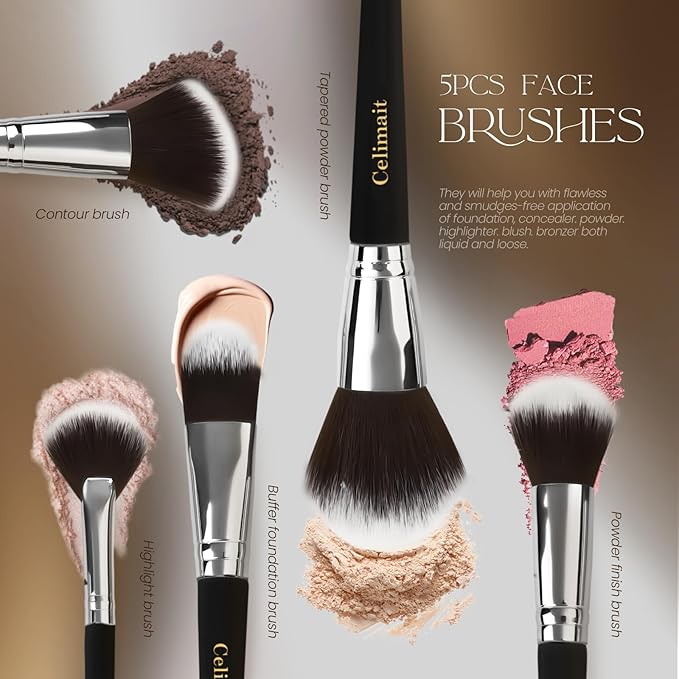 Makeup Brushes Set Professional & Beginner Friendly with Uniquely Designed Case, Soft Synthetic Bristles for Foundation Contour Blush Concealer Highlight Blending Eyeshadow, 12Pcs(Dark Black)