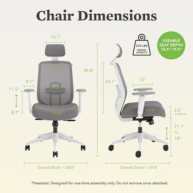 HON Altern Ergonomic Office Chair with Headrest, Arms, Foam Cushion Seat, Mid Back Home Office Desk Chair Comfy, Gaming Chair, Height Adjustable Arms, Synchro-Tilt, Seat-Slide, White Frame, Frost