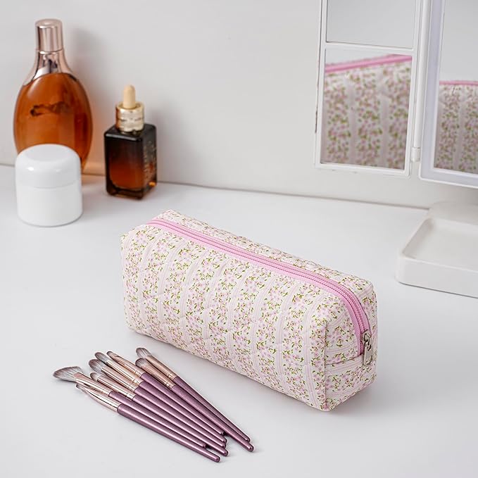 Cute Floral Cotton Makeup Brush Cosmetic Bag for Women, Travel Quilted Zipper Make Up Bag, Flowers Toiletry Organizer Case Kawaii Makeup Cosmetic Travel Cloth Pouch (Pink+Pink Bow Tie)
