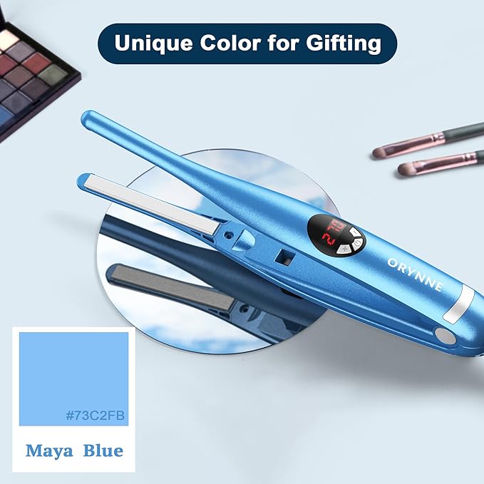 3/10'' Small Pencil Flat Iron for Short Hair, Pixie Cut, Edges. 5s Ultra Fast Heat Up, 270℉-450℉ Adjustable Temperatures, Tourmaline Ceramic & Ionic Technology, Dual Voltage for Travel, Blue