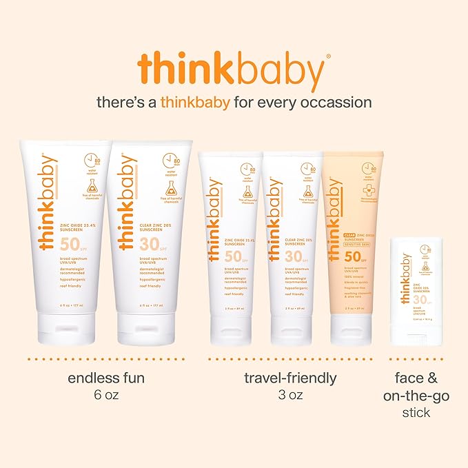 Thinkbaby Baby Sunscreen for Sensitive Skin, 3 Fl Oz, SPF 50 Clear Zinc Oxide Baby Mineral Sunscreen, Broad Spectrum UVA/UVB Protection, Natural, Water Resistant, Reef Safe, Vegan | Natural, Water Resistant, Reef Safe, Vegan