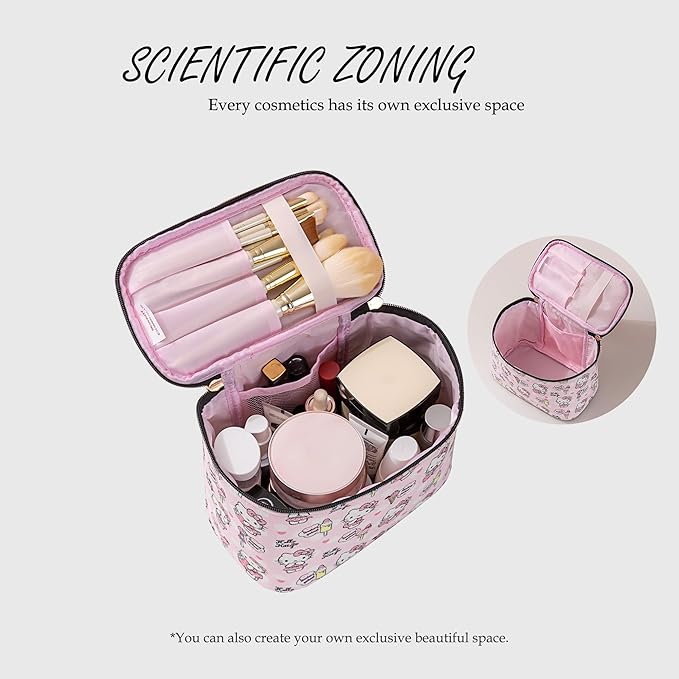 AmBealla Cosmetic Bag Large Makeup Bag Pink Makeup Travel Case with Brush Holder,Canvas Organizer for Women,Toiletry Bag for Skincar &Beauty Tools Sweet Cute for Girls