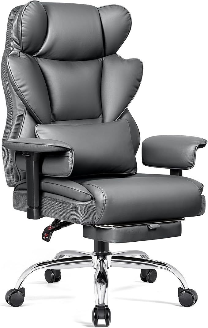 Big and Tall Office Chair - High Back Executive Chair with Footrest & Lumbar Support for Heavy People, Adjustable Arms, Padded Wide Seat Computer Gaming Chair, Heavy Duty, Gray