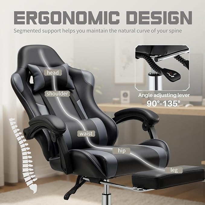 NEWBULIG Gaming Chair with Footrest – Ergonomic High-Back with Lumbar & Headrest Support, Comfy PU Leather Recliner with Linkage Armrests, Adjustable Height, 360° Swivel, Grey