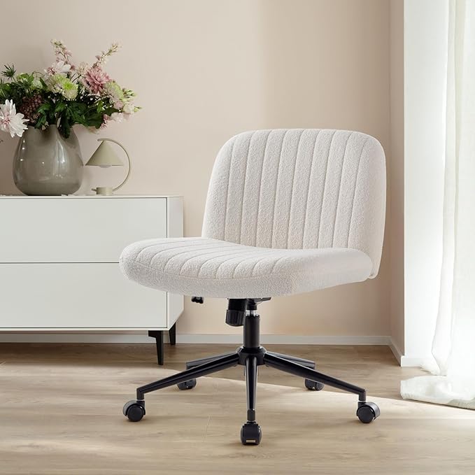 IWMH Criss Cross Chair Cross Legged Office Chair with Wheels Armless Wide Seat Desk Chairs Height Adjustable Computer Task Chairs Swivel Vanity Chair for Home Office Bedroom Make Up Teddy Fabric White