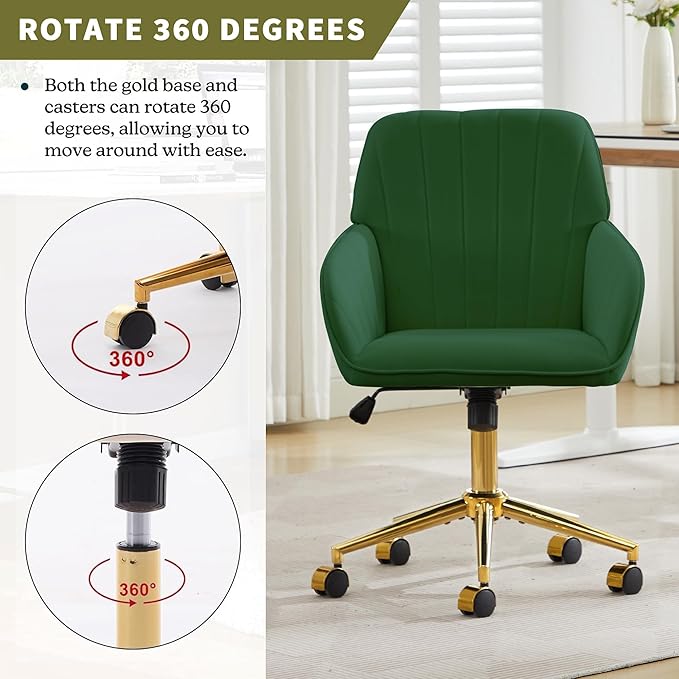 Velvet Home Office Desk Chair, Modern Cute Computer Task Chair with Back, Height Adjustable Upholstered Vanity Chair with Swivel Wheels for Women, Girls (Gold Base, Green