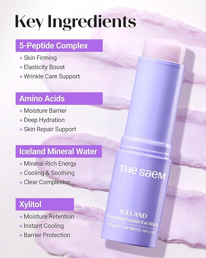THESAEM Iceland Hydrating Peptide Eye Stick 0.38 oz 2 Pack - Elasticity, Cooling, Moisturizing Eye Balm for Loose Skin – Under Eye Treatment - Balm to Smooth Skin Texture - Daisy Flower Scent