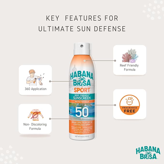 Habana Brisa Reef-Friendly Sport SPF 50 Sunscreen Spray – Broad Spectrum UVA/UVB Protection, HAWAII ACT 104 COMPLIANT, Water-Resistant, Non-Greasy, NON GMO & Vegan, 6 FL OZ