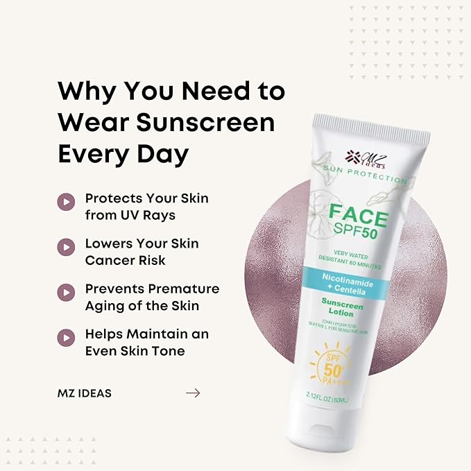 Face Sunscreen SPF 50 PA+++,Very Water Resistant 80 Minutes, with Niacinamide, Centella, 72H Hydration for sensative skin, 2.12 fl oz