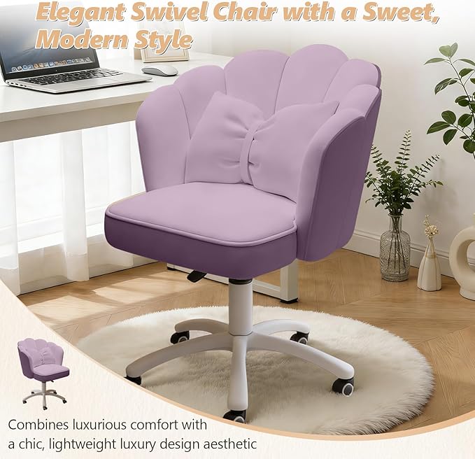 Home Office Desk Chair Swivel Rolling Vanity Chair with Silent Wheels and Comfortable Back, Adjustable Height Upholstered Computer Task Chair for Makeup, Bedroom