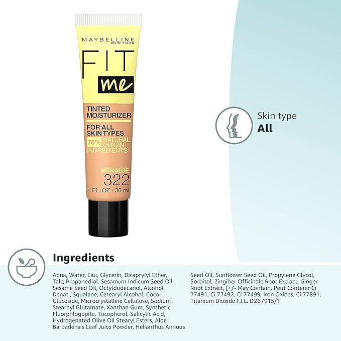 Maybelline Fit Me Tinted Moisturizer, Natural Coverage, Face Makeup, 322, 1 Count